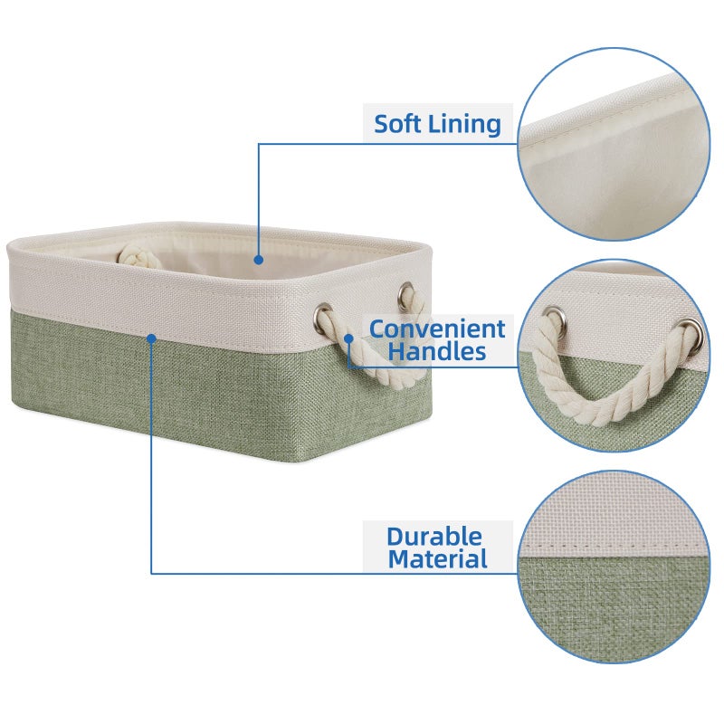 Temary Small Storage Baskets Small Fabric Bins for Closet  6 Pack Decorative Storage Boxes with Rope Handles for Organizing Clothes  Canvas Storage Basket(White&Green 11.8L x 7.9W x 5.3H inches) - Image 3